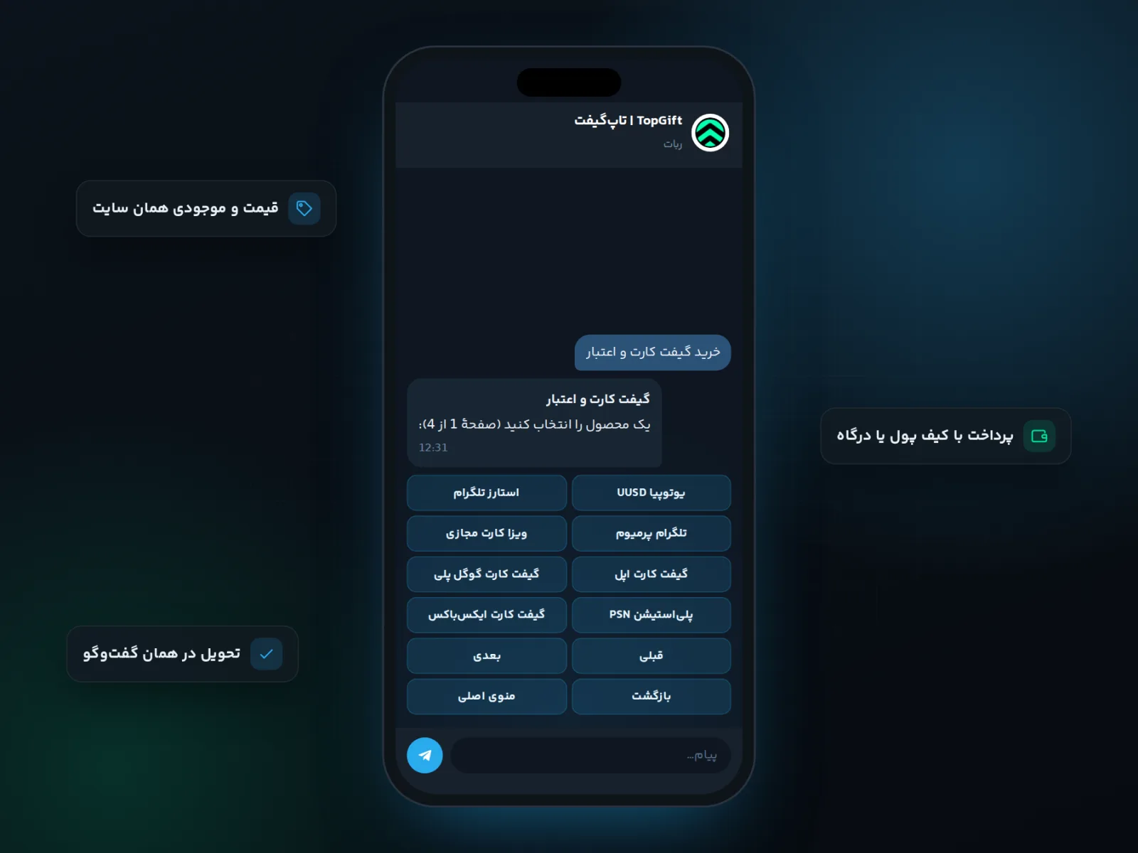 فهرست محصولات در ربات تلگرام تاپ گیفت: یوتوپیا UUSD، استارز تلگرام، تلگرام پرمیوم، ویزا کارت مجازی و گیفت کارت‌های اپل، گوگل پلی، پلی‌استیشن و ایکس‌باکس