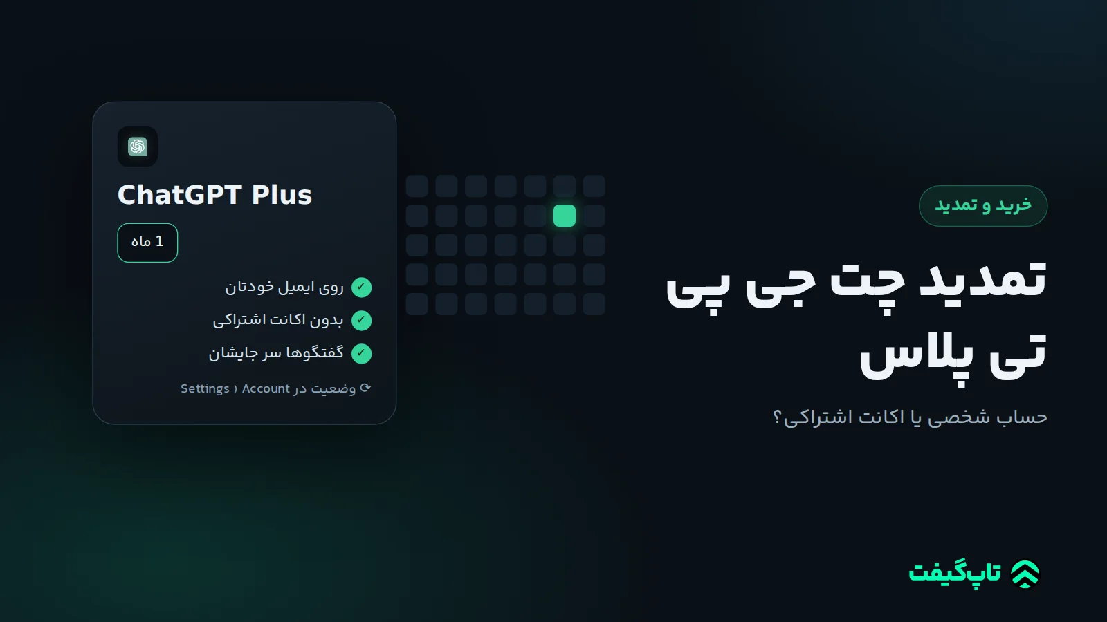 کارت اشتراک ChatGPT Plus با گزینهٔ یک‌ماهه و تیک‌های فعال‌سازی روی حساب شخصی، کنار یک تقویم