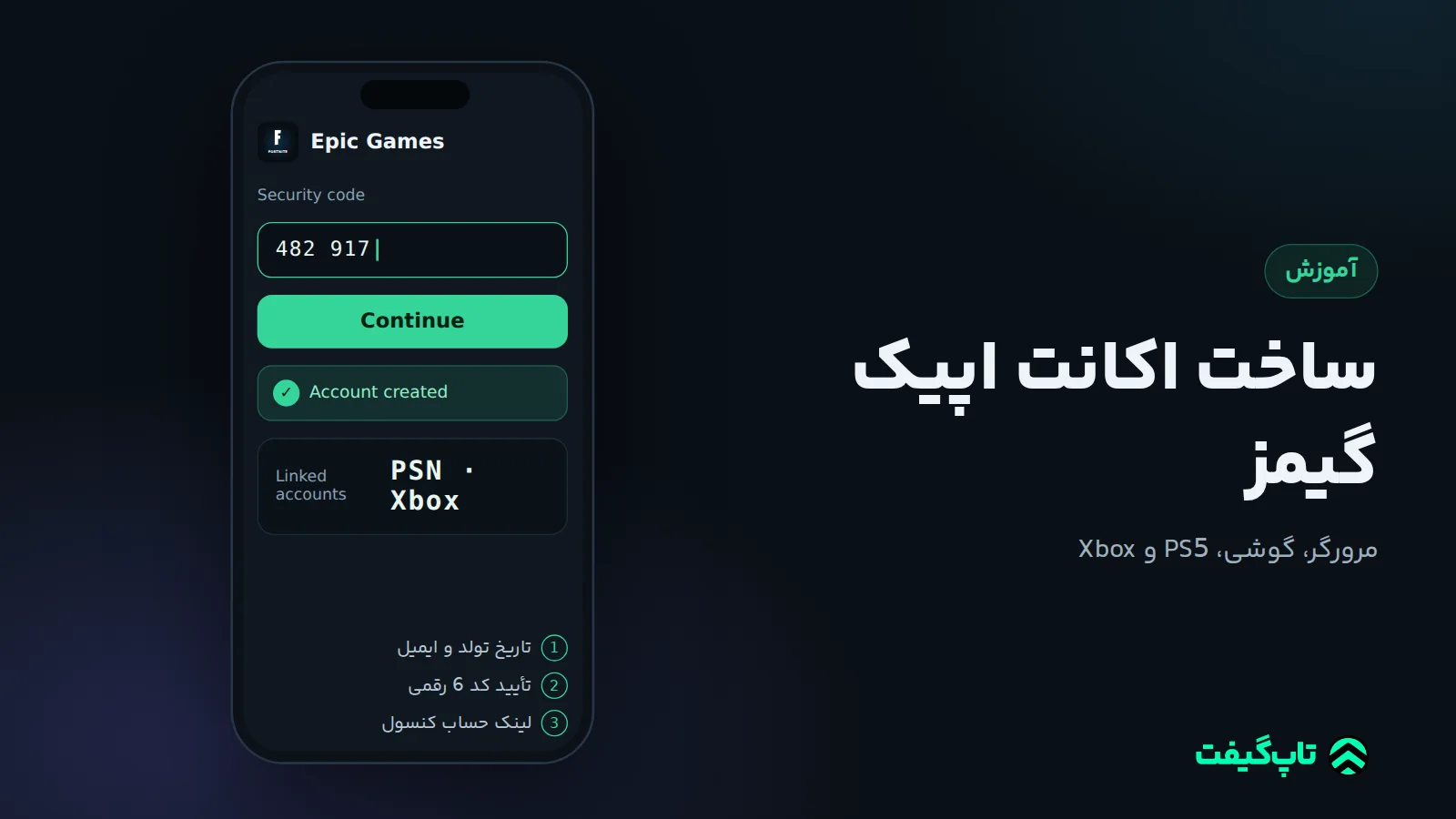 فرم ساخت حساب Epic روی گوشی با کادر کد امنیتی 6 رقمی و فهرست حساب‌های لینک‌شدهٔ PlayStation، Xbox و Switch