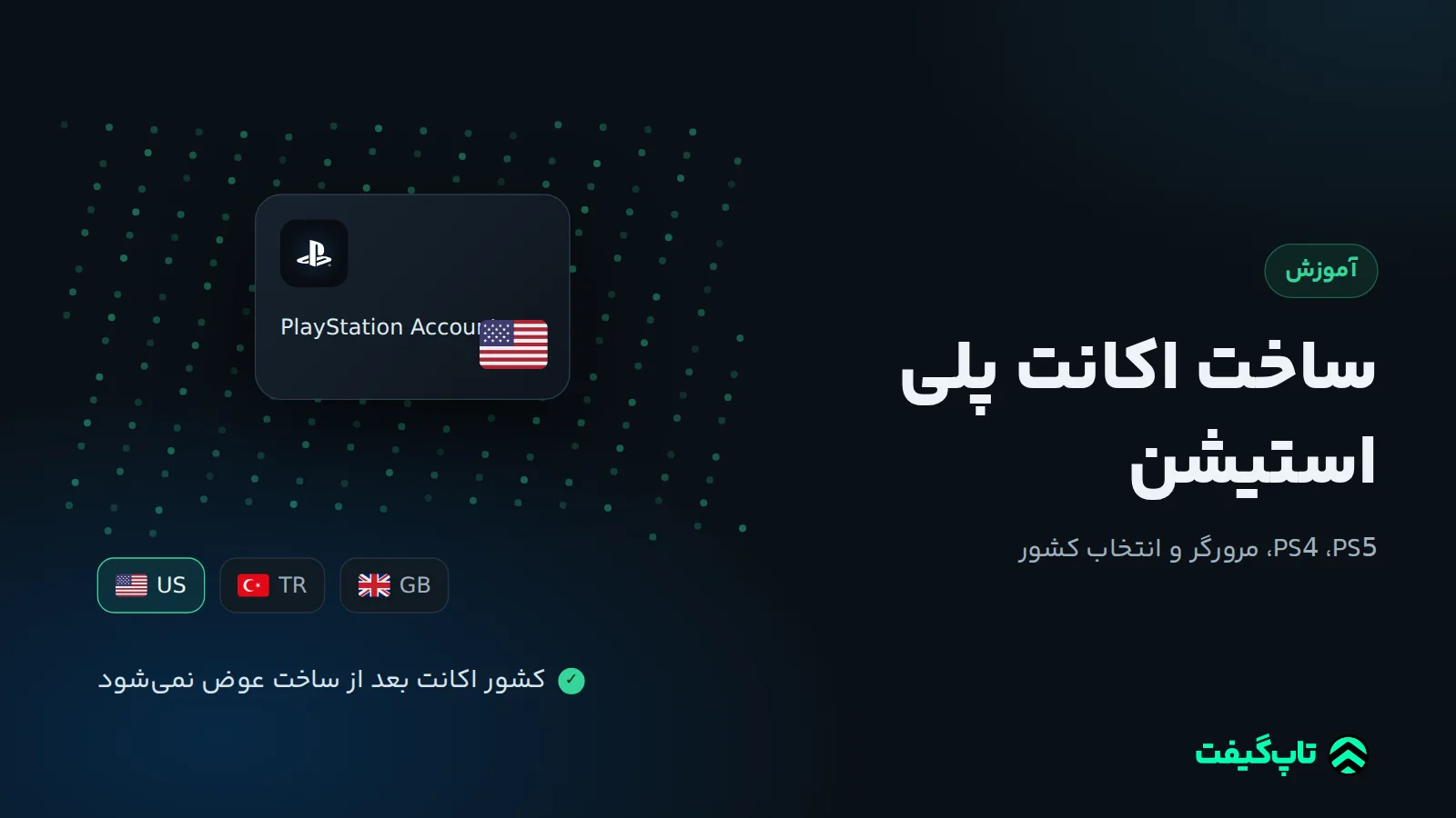 صفحهٔ ساخت حساب پلی‌استیشن با پرچم کشورهای آمریکا، ترکیه و بریتانیا و قفل روی گزینهٔ کشور