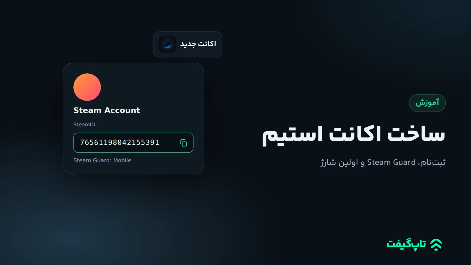 پروفایل تازهٔ Steam با شناسهٔ SteamID نمونه و وضعیت فعال بودن Steam Guard
