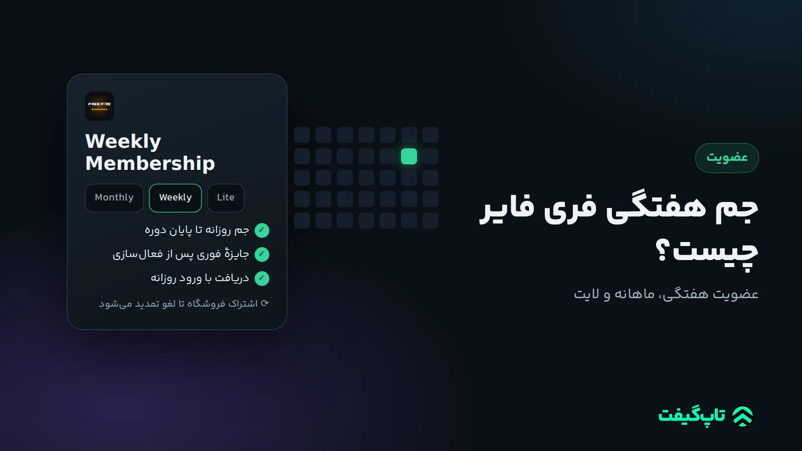 کارت عضویت فری فایر با سه گزینهٔ لایت، هفتگی و ماهانه و تقویمی که روز دریافت جم را نشان می‌دهد