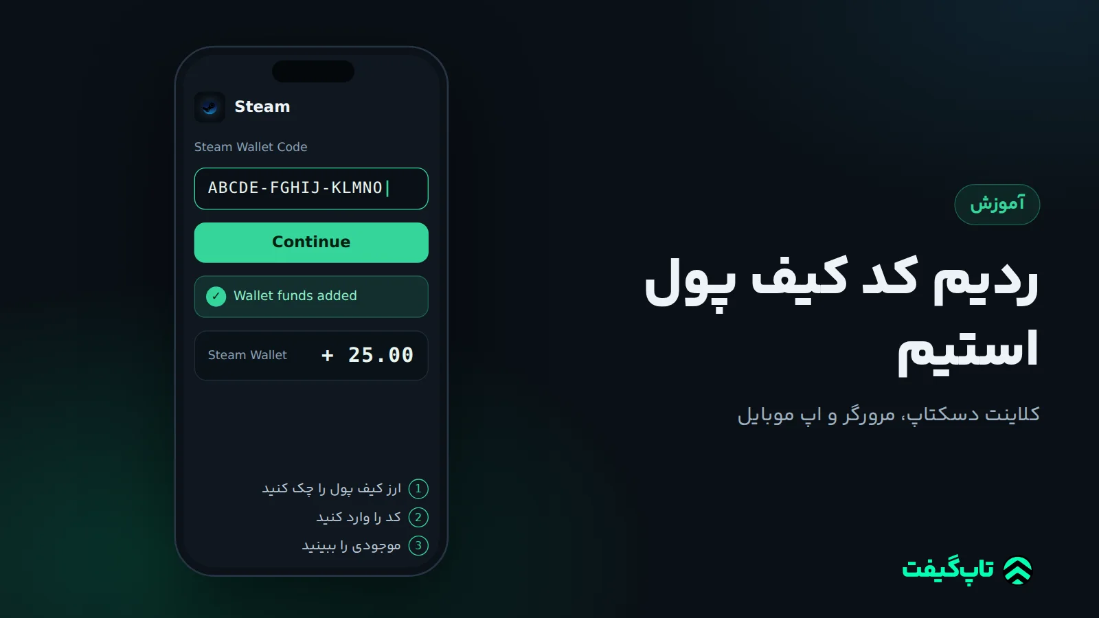 فرم ردیم کد کیف پول استیم با پیام افزوده شدن اعتبار