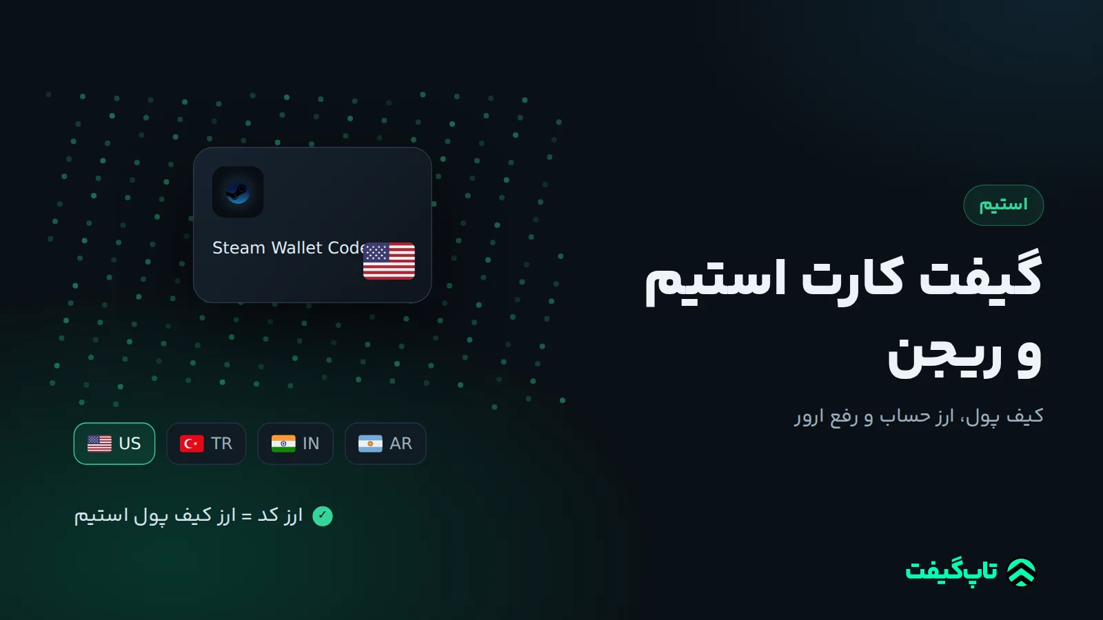 کارت کیف پول استیم کنار پرچم آمریکا، ترکیه، هند و آرژانتین و قاعدهٔ یکسان بودن ارز کد و کیف پول