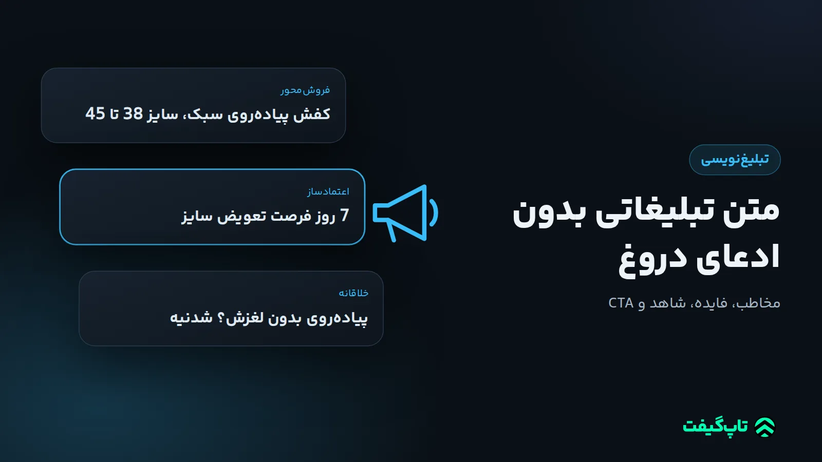سه کارت متن تبلیغاتی کفش با برچسب فروش‌محور، اعتمادساز و خلاقانه کنار یک بلندگوی دستی