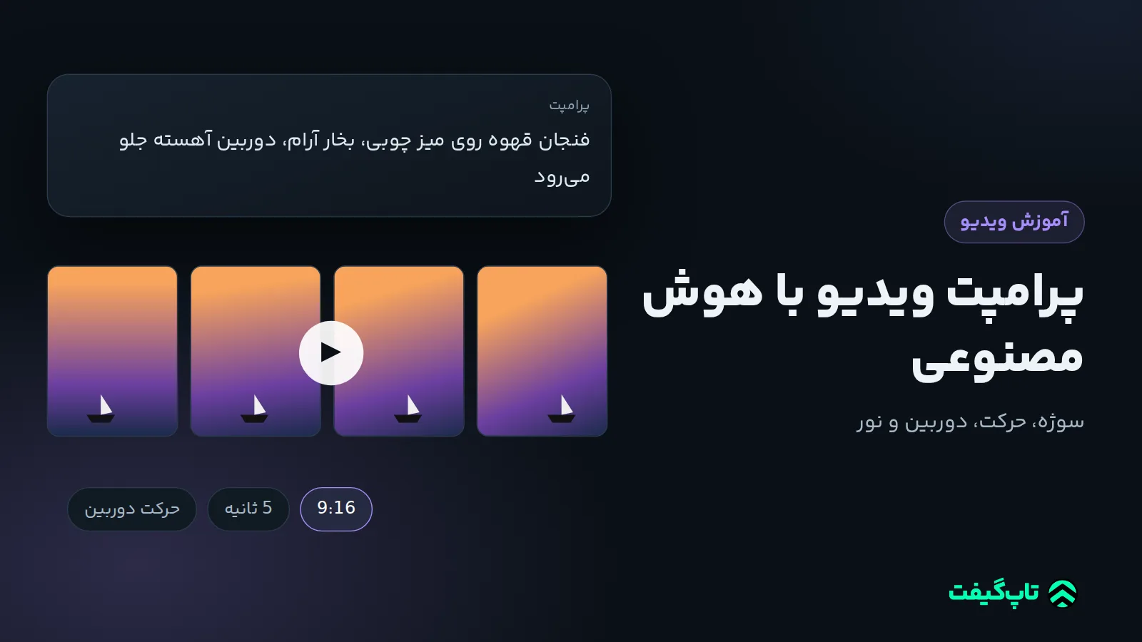 کارت پرامپت دربارهٔ فنجان قهوه با بخار و حرکت آرام دوربین، بالای نوار چهار فریم ویدیو و برچسب‌های 9:16 و 5 ثانیه