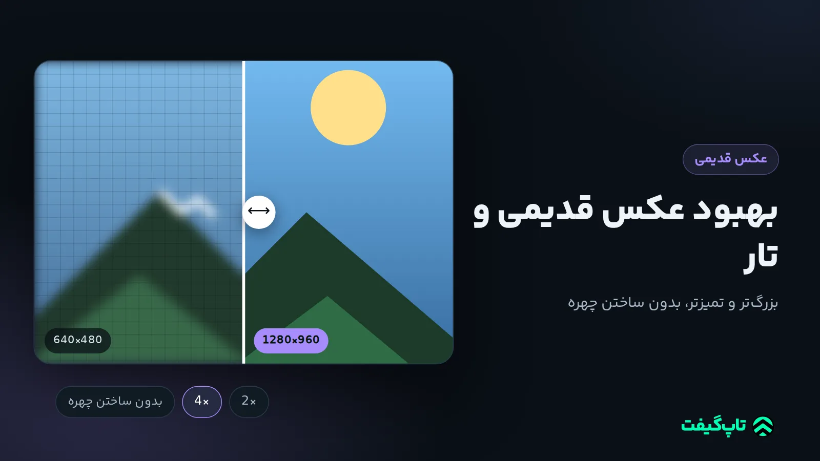 منظرهٔ کوچک و تار با برچسب 640×480 در کنار همان منظره واضح با برچسب 1280×960 و گزینه‌های 2 و 4 برابر