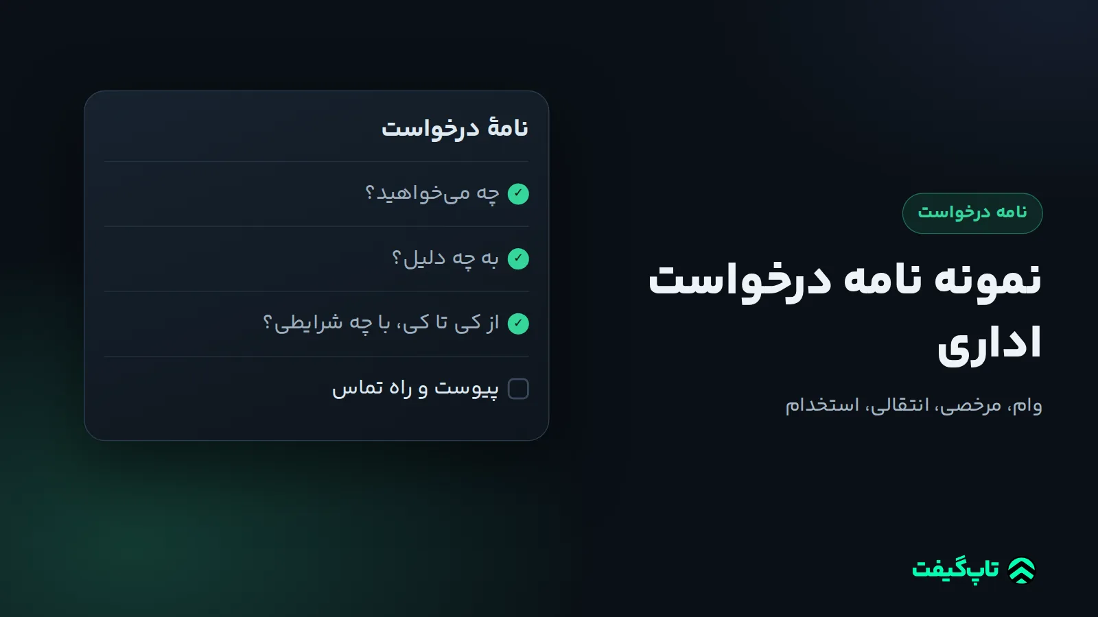 کارت چک‌لیست نامهٔ درخواست با چهار مرحله: چه می‌خواهید، به چه دلیل، از کی تا کی، پیوست و راه تماس
