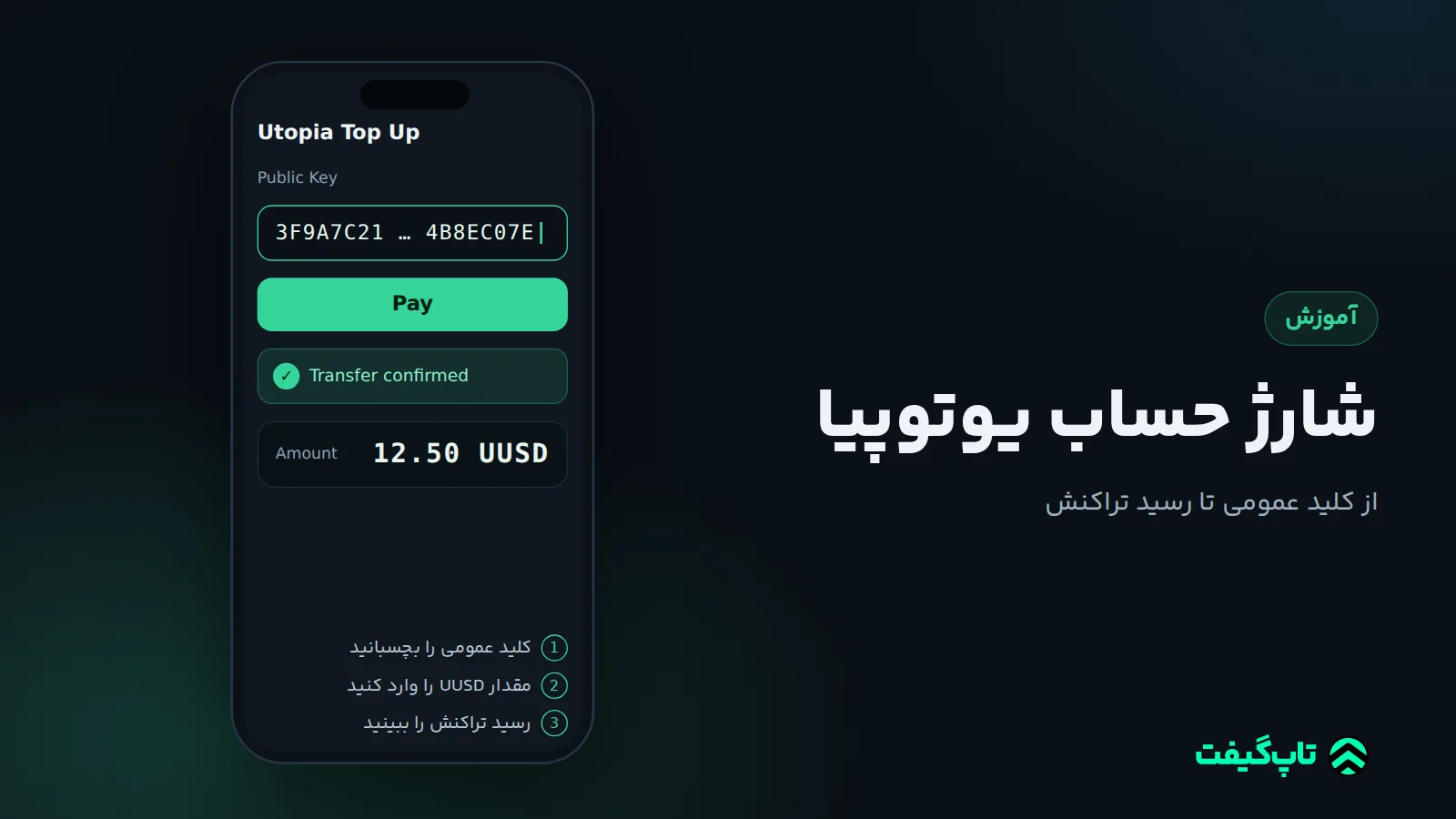 فرم شارژ حساب یوتوپیا با فیلد کلید عمومی، مقدار UUSD و پیام تأیید انتقال