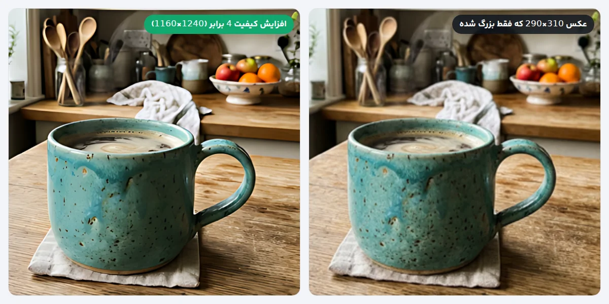 مقایسهٔ یک تکهٔ 310×290 پیکسلی از عکس لیوان که فقط بزرگ شده با نسخهٔ 4 برابر شده به ابعاد 1240×1160 که لبه‌ها و دانه‌های لعاب در آن واضح‌ترند