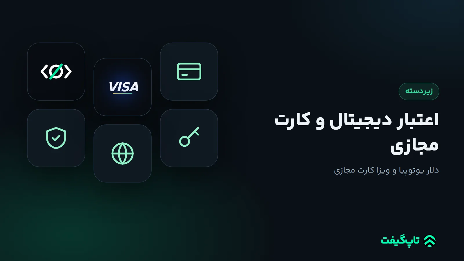 کاشی‌های دلار یوتوپیا و ویزا کارت کنار نماد کارت، سپر امنیت و کره زمین