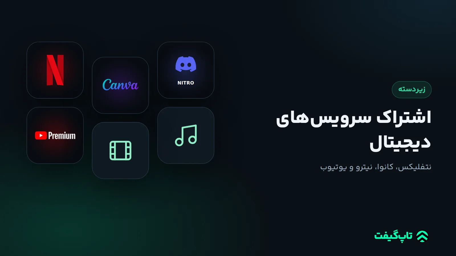 کاشی‌های برند نتفلیکس، کانوا، دیسکورد و یوتیوب کنار نماد فیلم و موسیقی